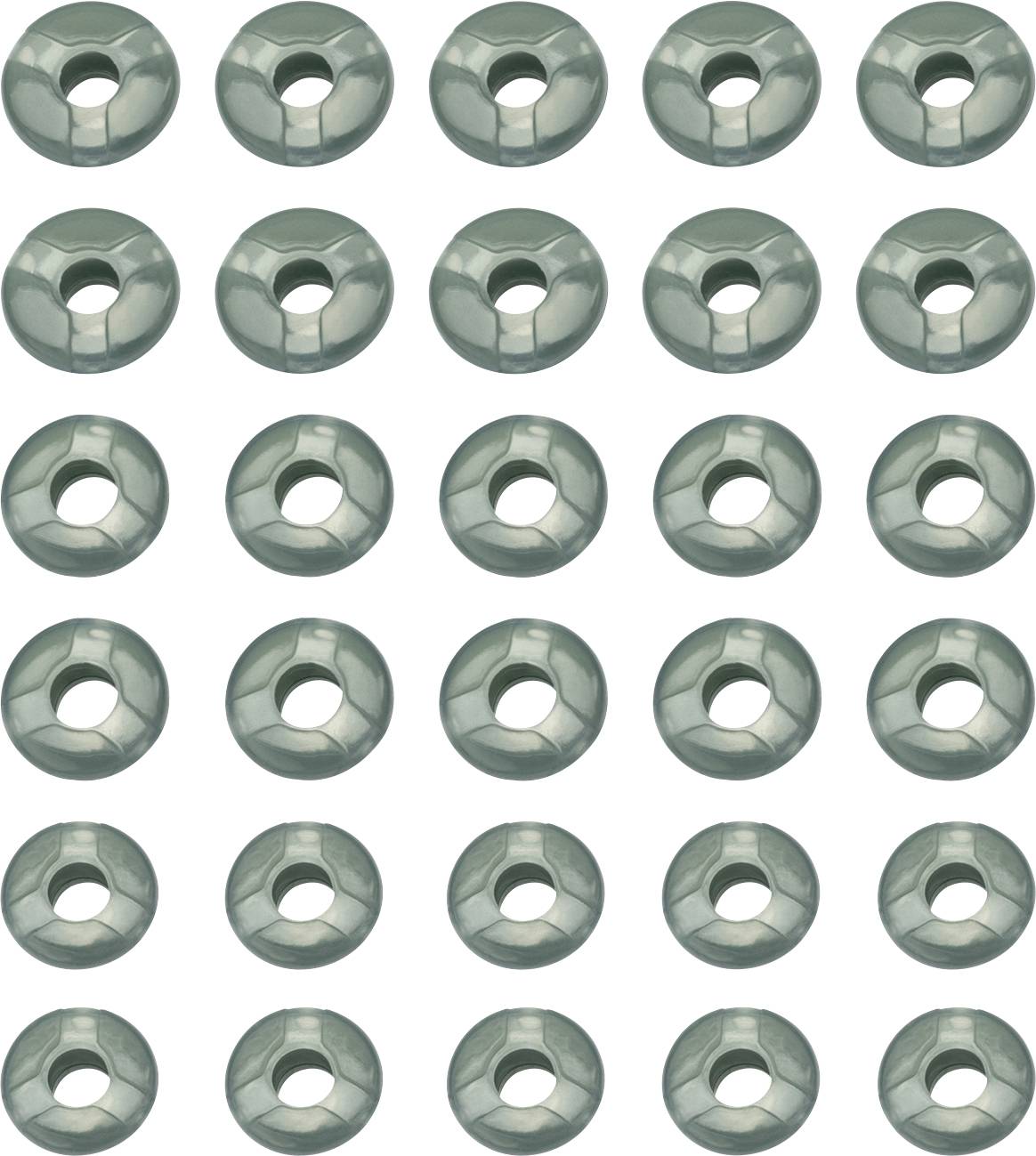 Ein Gitter aus 25 hellgrünen, kreisförmigen und hohlen Metallscheiben, angeordnet in fünf Reihen und Spalten.