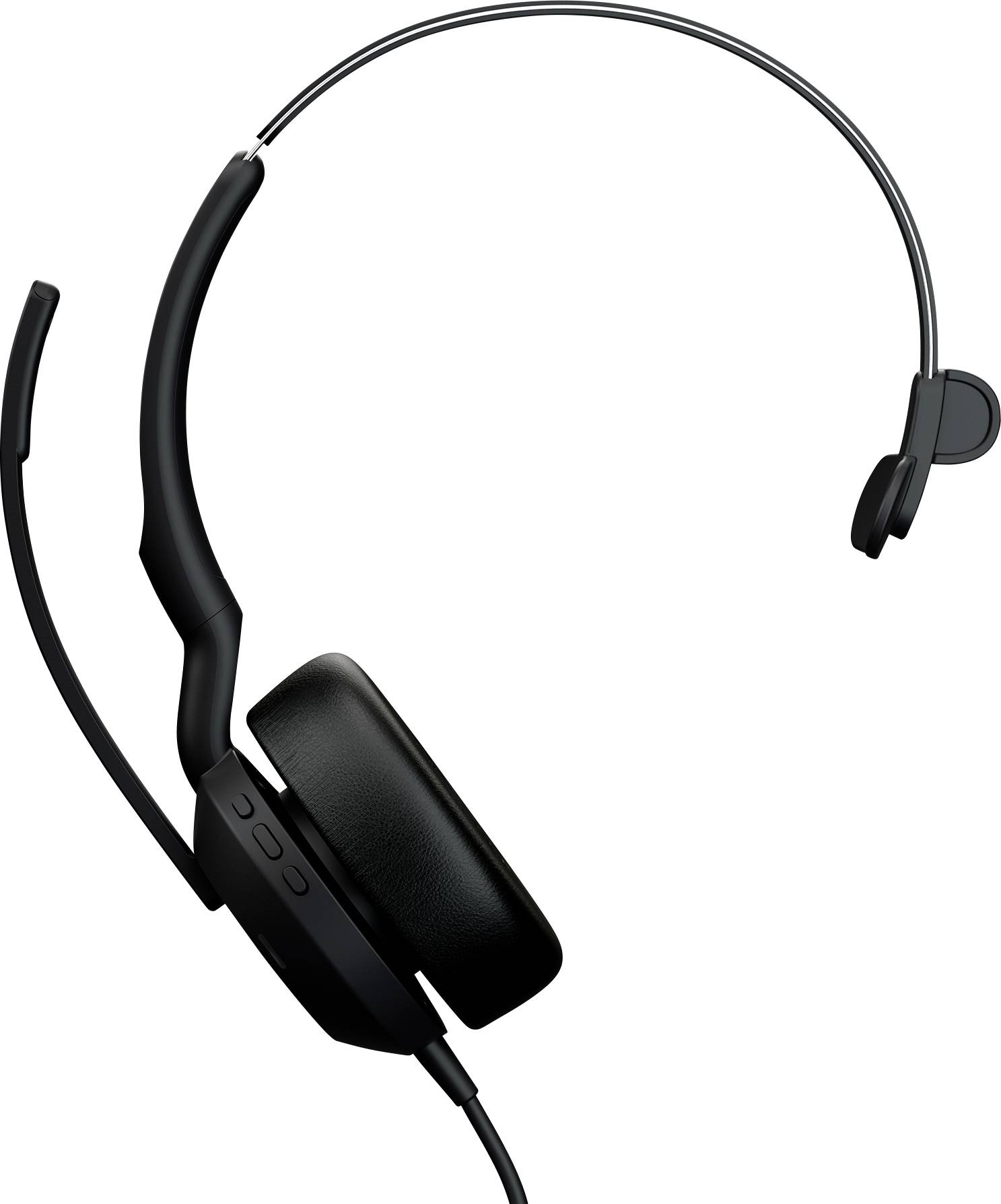 Ein schwarzes Over-Ear-Headset mit einer einzelnen Ohrmuschel und einem Mikrofonstab, entwickelt für Kommunikation oder Audiowiedergabe.