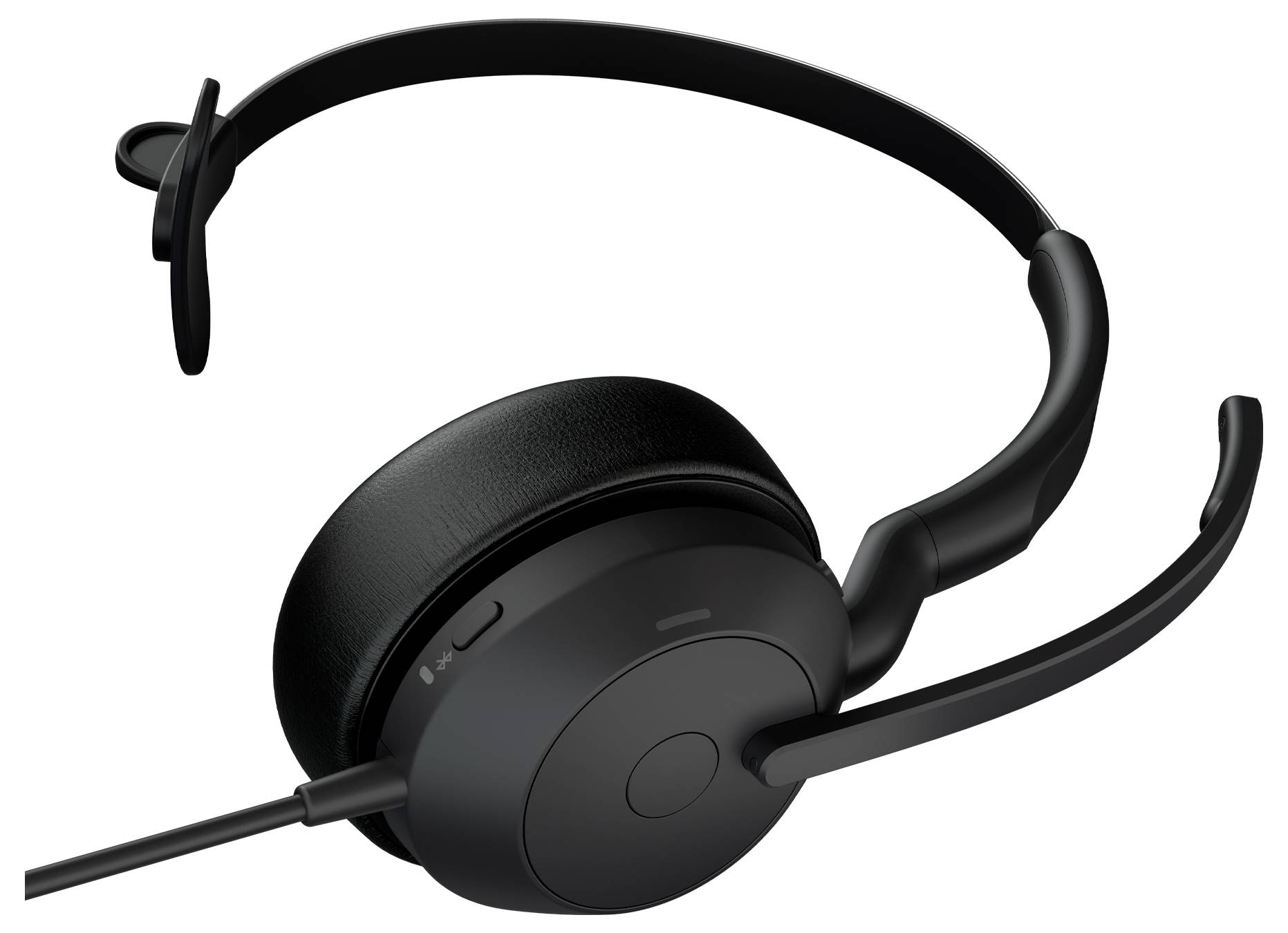 Ein schwarzes Over-Ear-Headset mit Mikrofon, das für Online-Kommunikation und Audiowiedergabe konzipiert ist.
