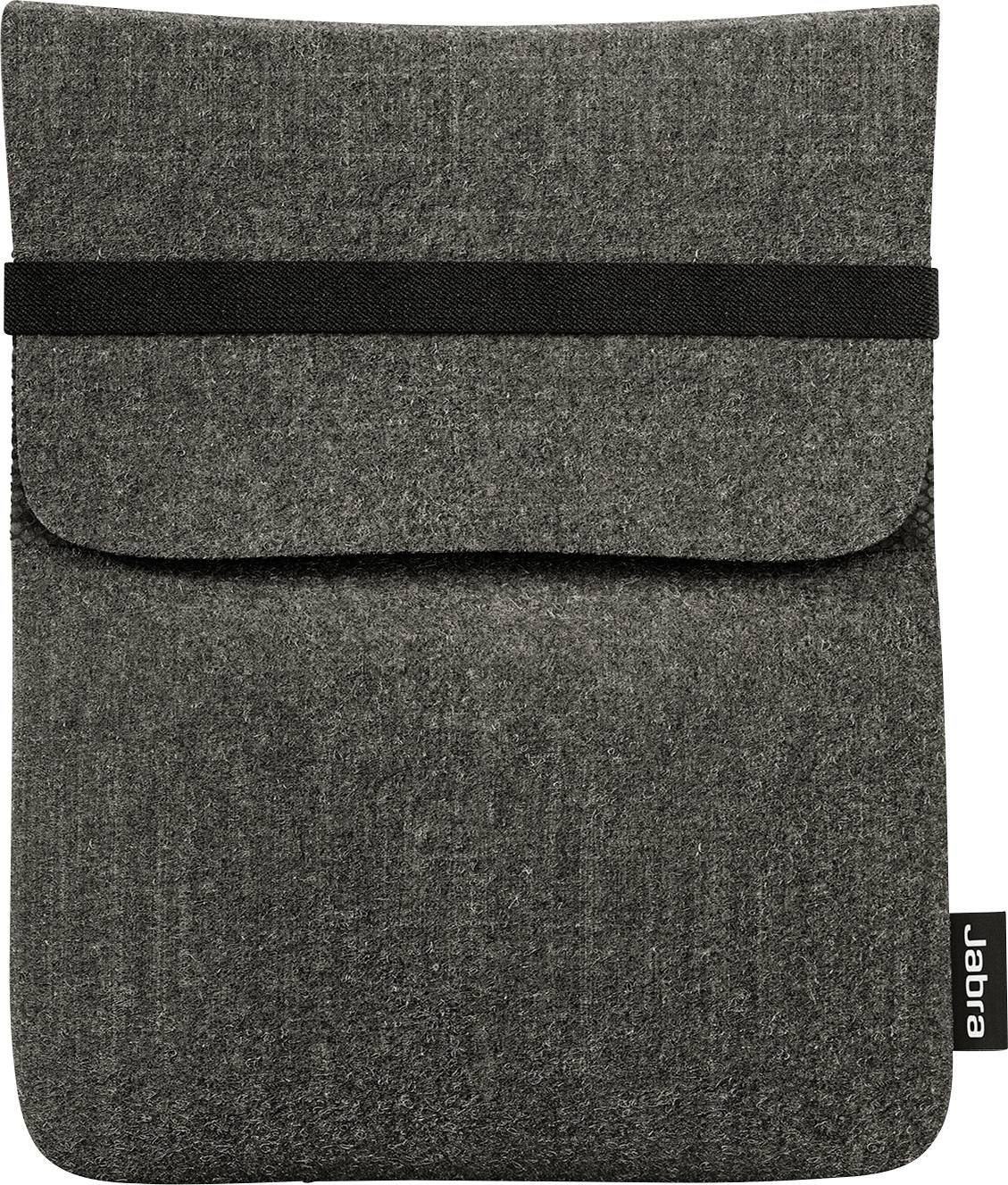 Graue Filz-Tablet-Schutzhülle mit schwarzem elastischem Verschluss und einem kleinen vertikalen Stoffetikett an der Seite mit der Aufschrift 