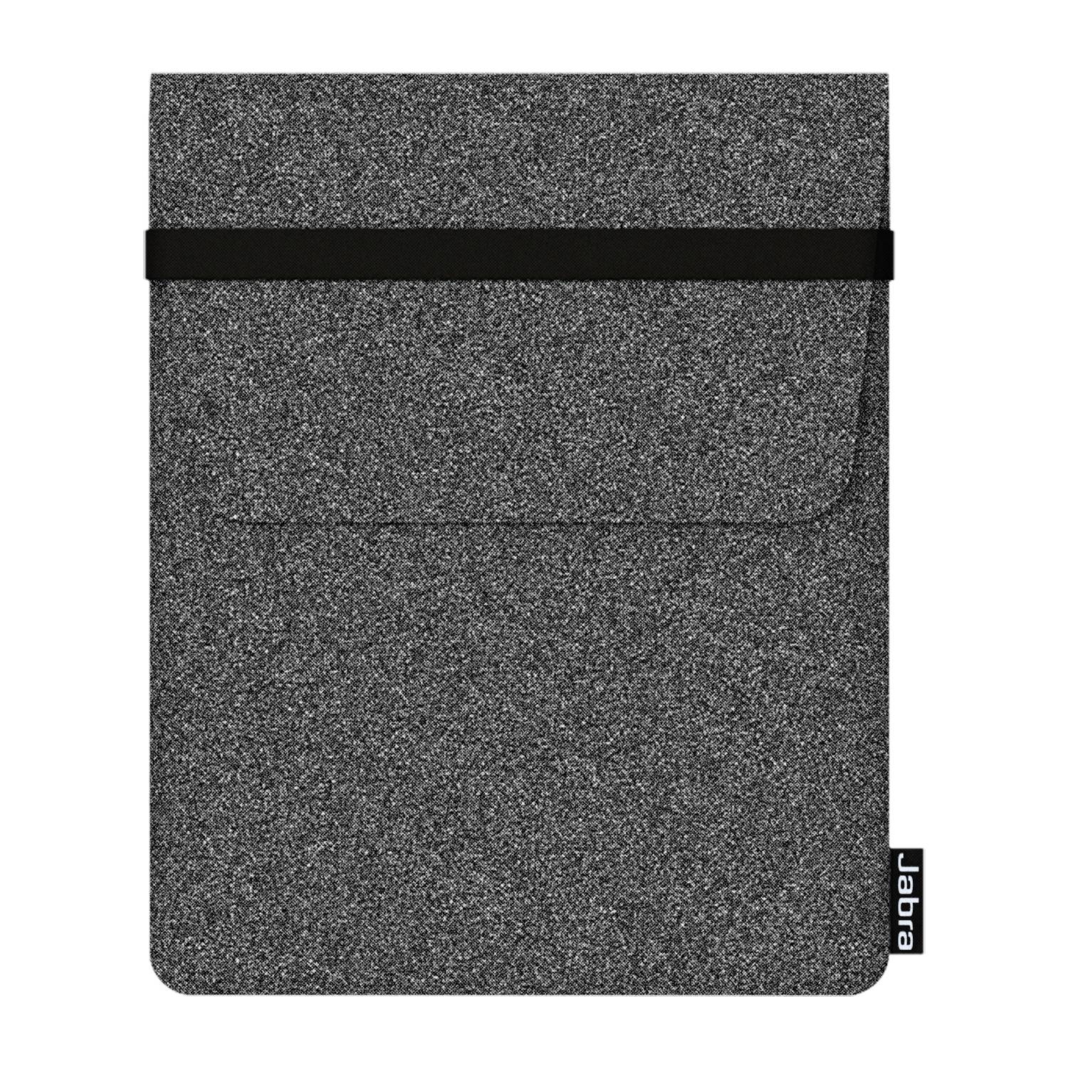 Graues Stoff-Laptop-Etui mit schwarzem Querriemen und kleinem Jabra-Etikett in der unteren rechten Ecke.