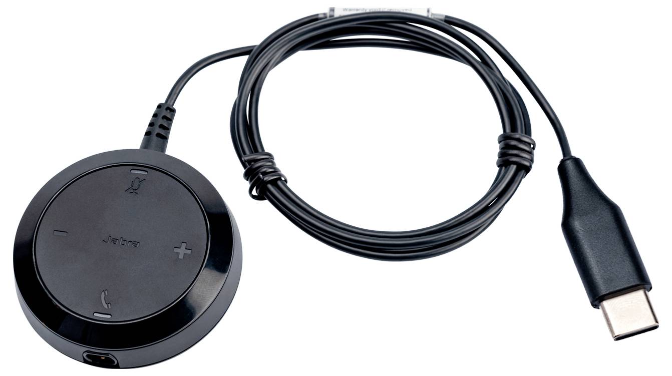 Schwarzer USB-C-Controller mit Kabel, Lautstärke-Plus- und -Minus-Tasten und Mikrofonsymbol auf einem runden Gerät.