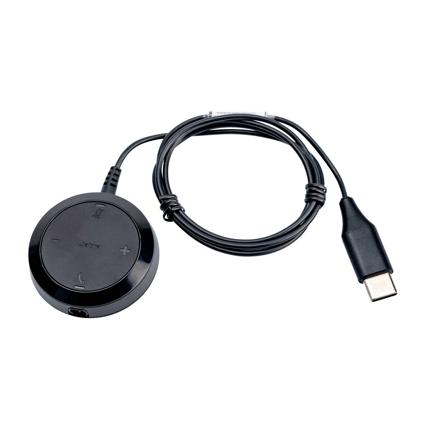 Schwarze USB-C-Inline-Steuerungsbox mit rundem Knopf-Fernbedienung und angeschlossenem Kabel, wahrscheinlich für Kopfhörer-Lautstärkeregelung und Anrufsteuerung.