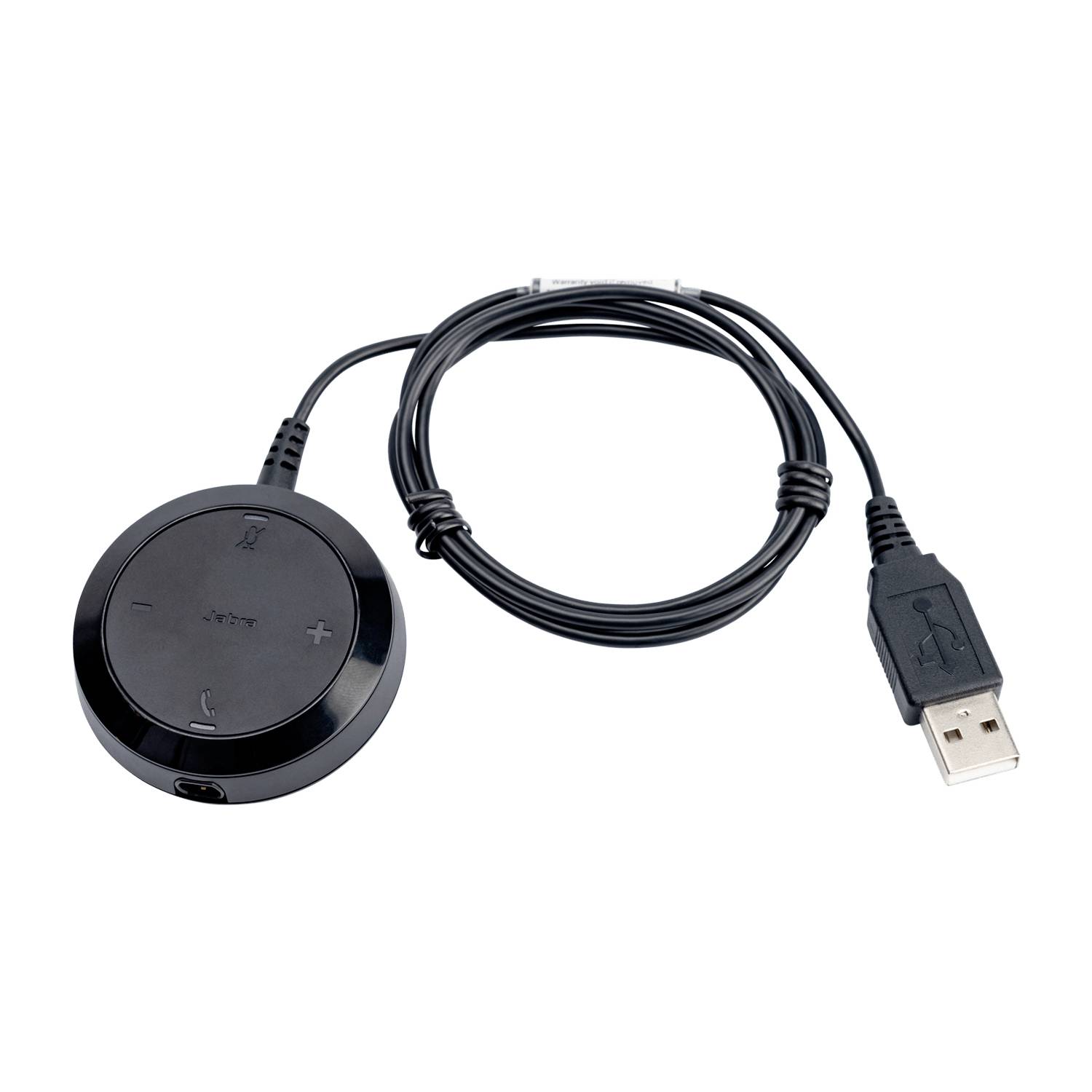 Schwarze USB-Fernbedienung mit Kabel, kreisförmigem Tastenfeld und Plus-/Minus-Lautstärkereglern