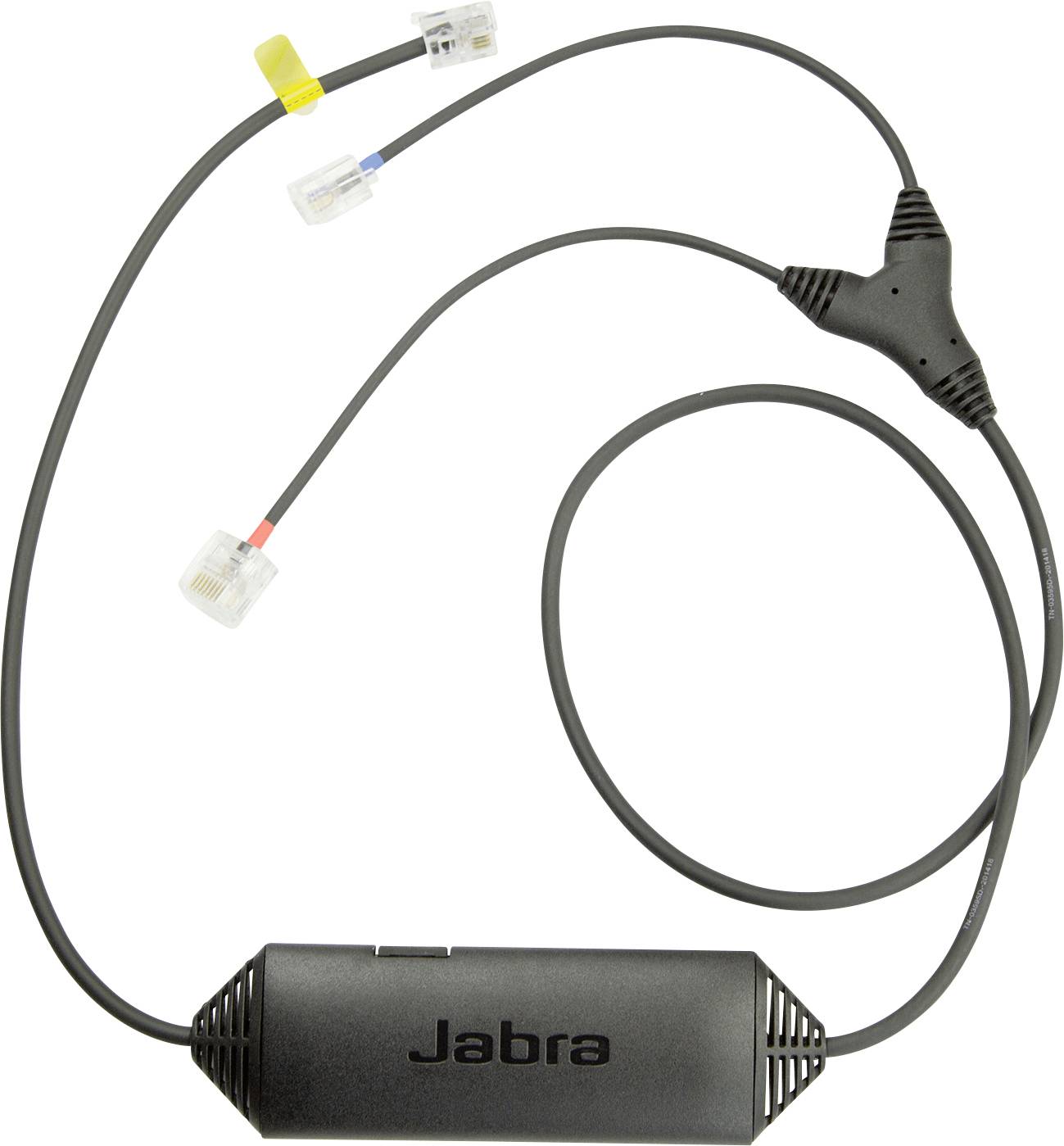 Ein Jabra-Telefonadapter mit zwei Kabeln, die durch eine Y-Verbindung verbunden sind, mit schwarzem Gehäuse und der Bezeichnung „Jabra