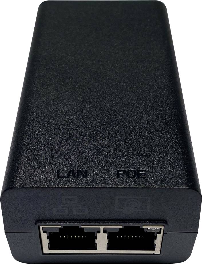 Schwarzes Netzwerkgerät mit zwei Ethernet-Anschlüssen mit den Bezeichnungen LAN und POE, das für Power-over-Ethernet-Verbindungen verwendet wird.
