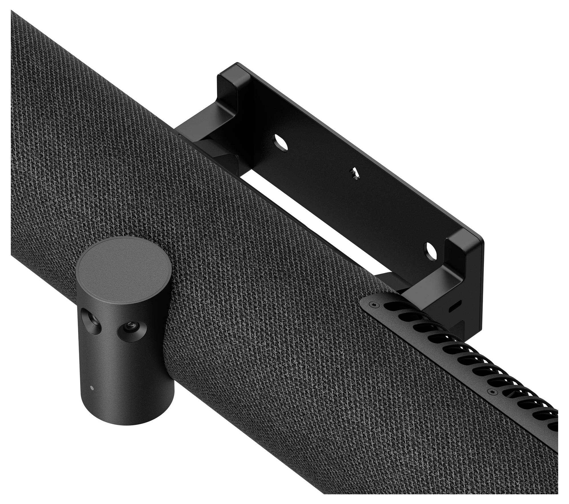 Wandmontierte schwarze Soundbar mit Halterung, mit minimalistischem zylindrischem Design und eleganter Stofftextur.