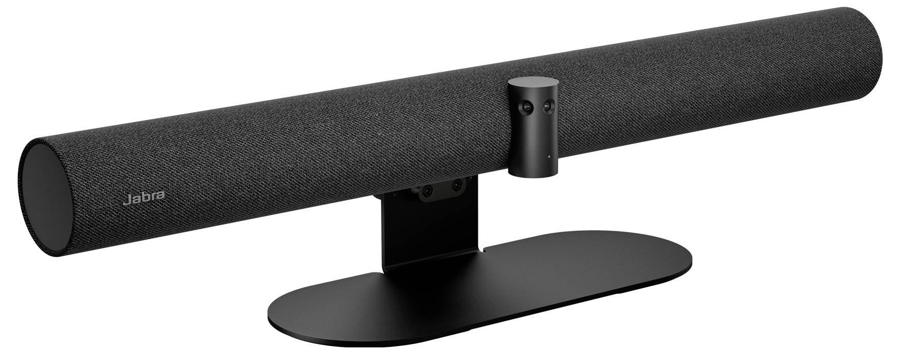 Eine schlanke schwarze Soundbar mit Stoffoberfläche und zylindrischer Form, montiert auf einer flachen Basis, mit einer kleinen zentralen Kamera.