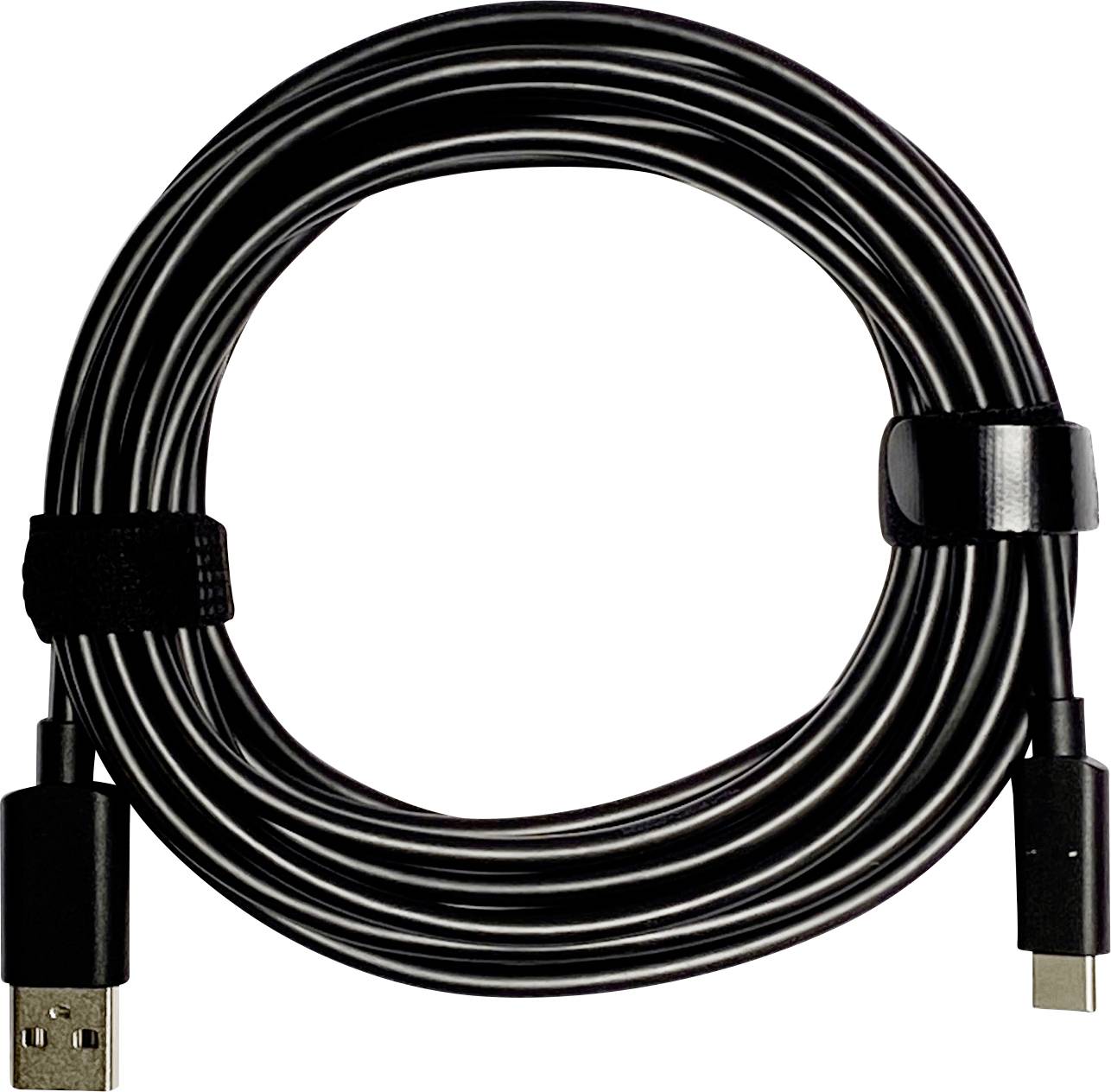 Ein aufgerolltes schwarzes USB-Kabel mit einem Standard-USB-A-Anschluss an einem Ende und einem USB-C-Anschluss am anderen Ende für elektronische Verbindungen.