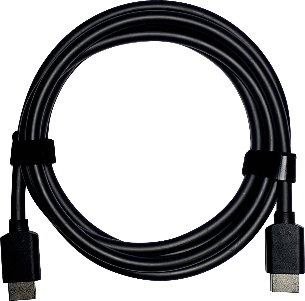 Ein aufgerolltes schwarzes HDMI-Kabel mit Steckverbindern ist mit einem Klettverschlussband gesichert.