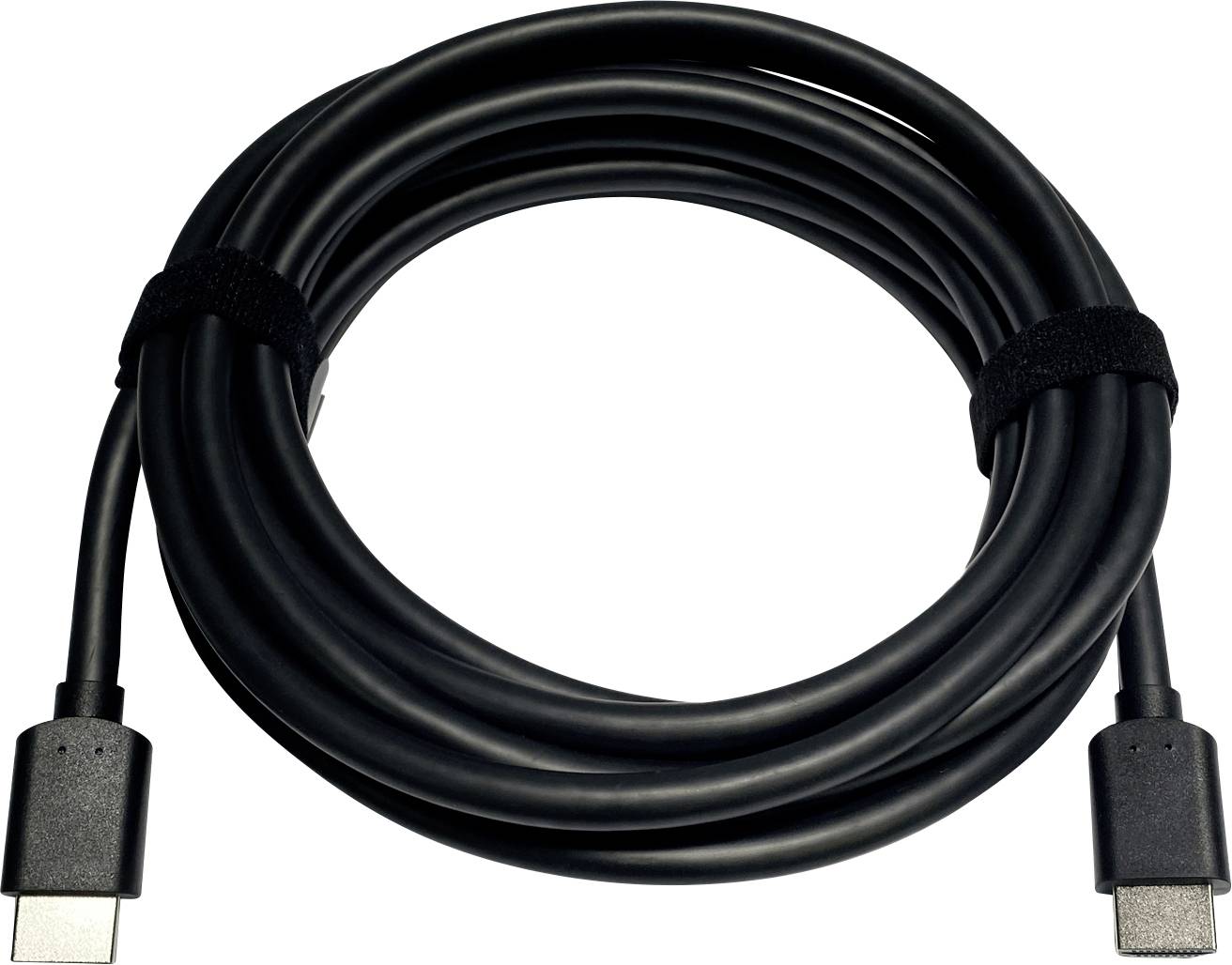 Ein aufgerolltes schwarzes HDMI-Kabel mit Steckern an beiden Enden, gesichert mit einem Klettverschlussband.