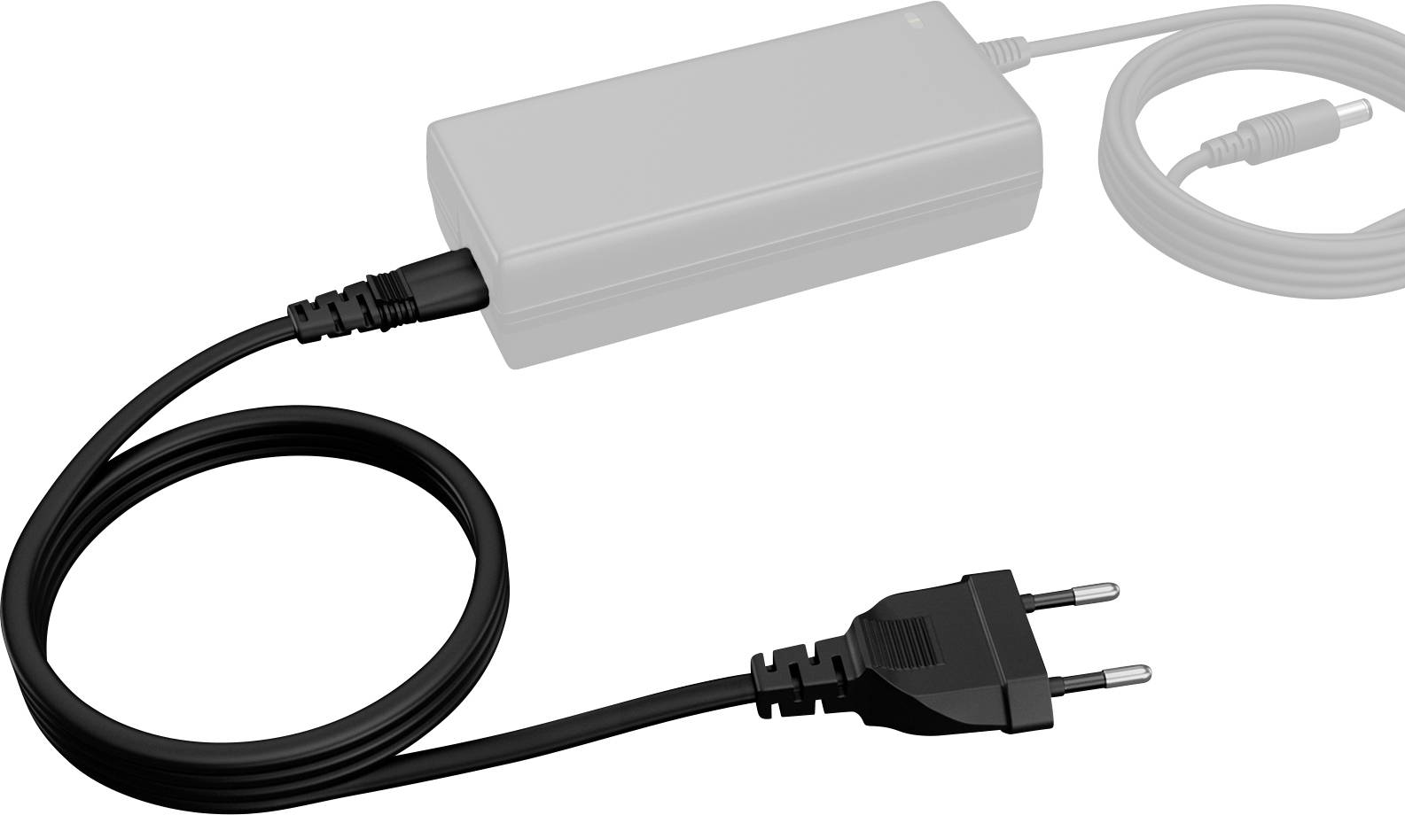 Ein schwarzer koaxialer Stromstecker-Adapter mit einem Kabel, das an ein graues rechteckiges Stromversorgungsgerät angeschlossen ist.