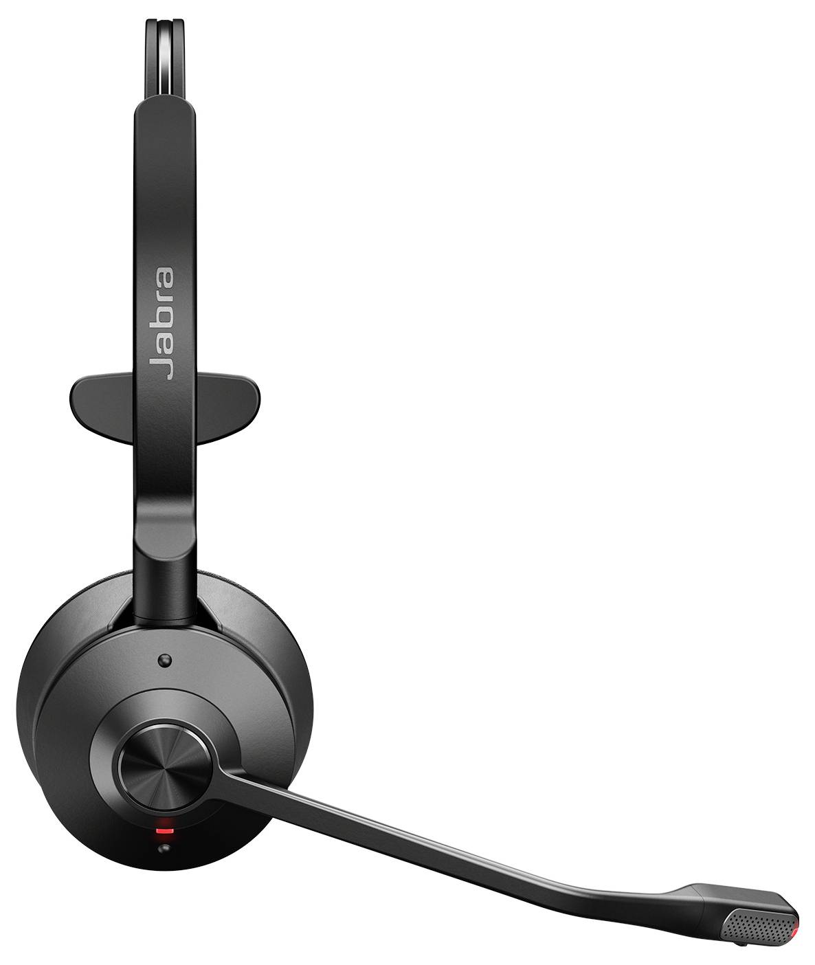 Schwarzes Jabra-Headset mit ausgefahrenem Mikrofonboom-Arm, sichtbarem Ohrhörer, konzipiert für drahtlose Kommunikation und Audio-Ein- und -Ausgabe.