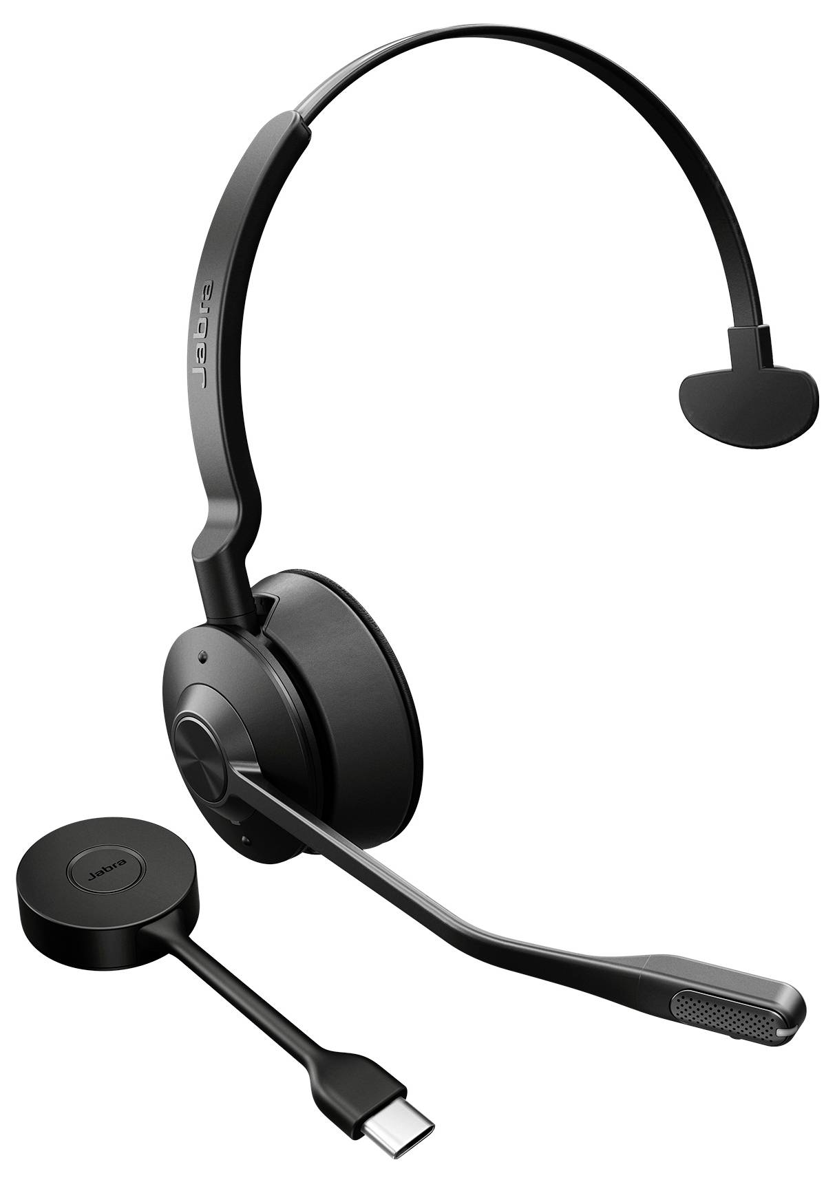 Ein schwarzes Headset mit einem Ohr und Mikrofon wird zusammen mit einem USB-C-Adapter angezeigt.