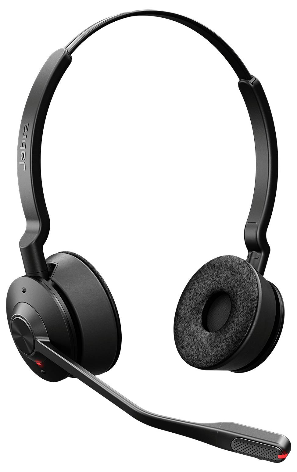 Schwarzes Over-Ear-Funkheadset mit Boom-Mikrofon auf der linken Seite, entwickelt für professionelle Nutzung oder Telekommunikation.