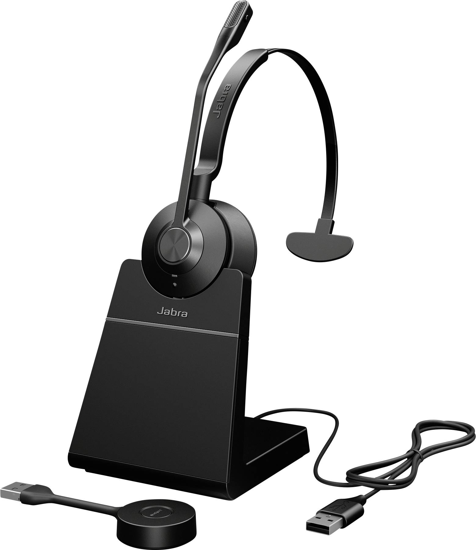 Ein schwarzes kabelloses Kopfhörer-Set auf einer Ladestation mit USB-Kabel, geeignet für professionelle oder Büronutzung.