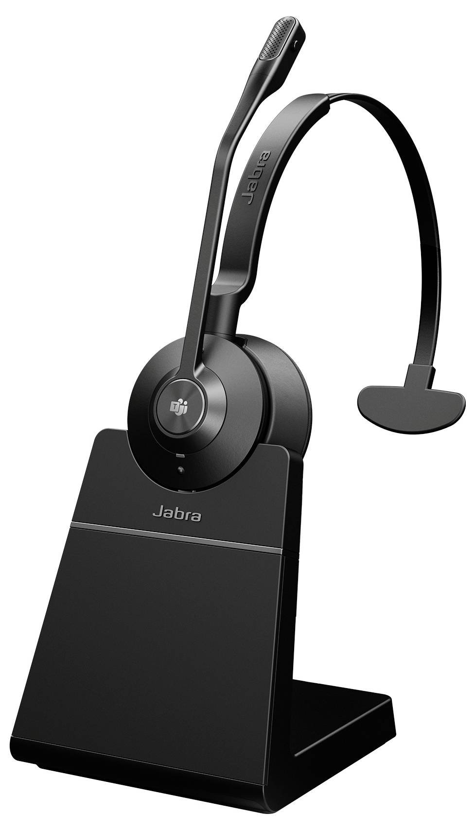 Ein schwarzes kabelloses Headset mit Mikrofon, das auf einem Ständer platziert ist. Das Headset ist für komfortable Verwendung mit einem Ohr ausgelegt.