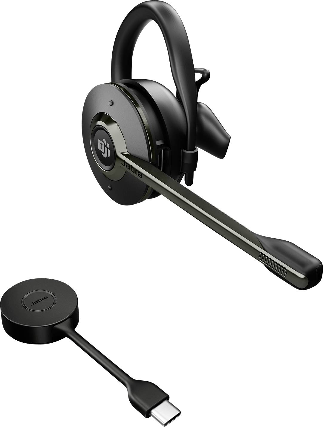 Schwarzes DJI-Wireless-Headset mit Boom-Mikrofon und einem USB-C-Ladegerät auf weißem Hintergrund.