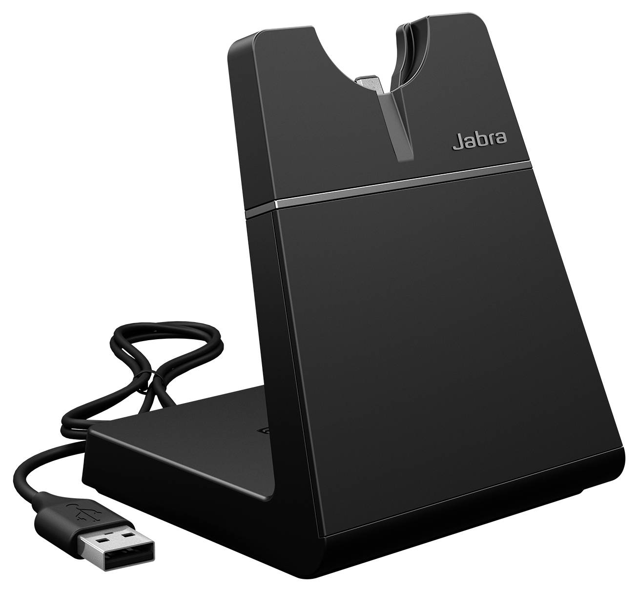 Schwarzer Jabra-Ladestab mit angeschlossenem USB-Kabel und angedockter Kopfhörer-Halterung auf weißem Hintergrund.