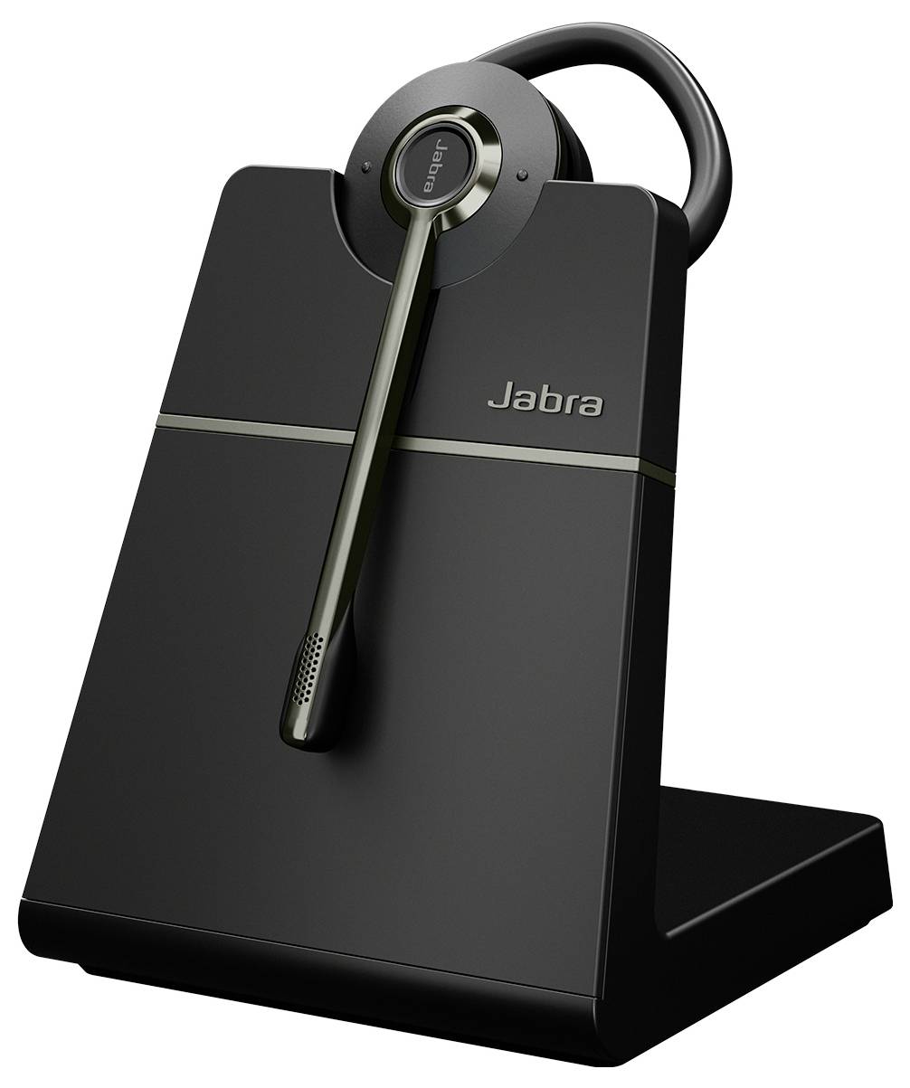 Jabra kabelloses Headset auf einer Ladestation, mit elegantem schwarzem Design und sichtbarem Logo, was auf ein Tech-Zubehör hinweist.