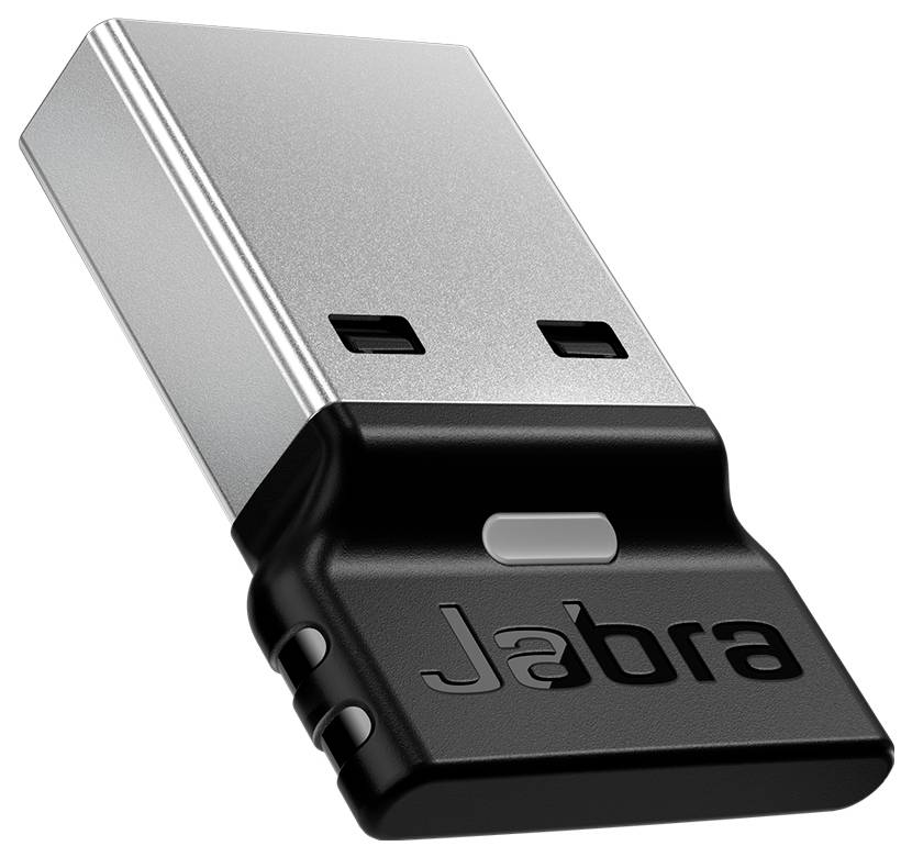 Nahaufnahme eines Jabra USB-Funkadapters, silberfarben und schwarz, auf weißem Hintergrund gezeigt.