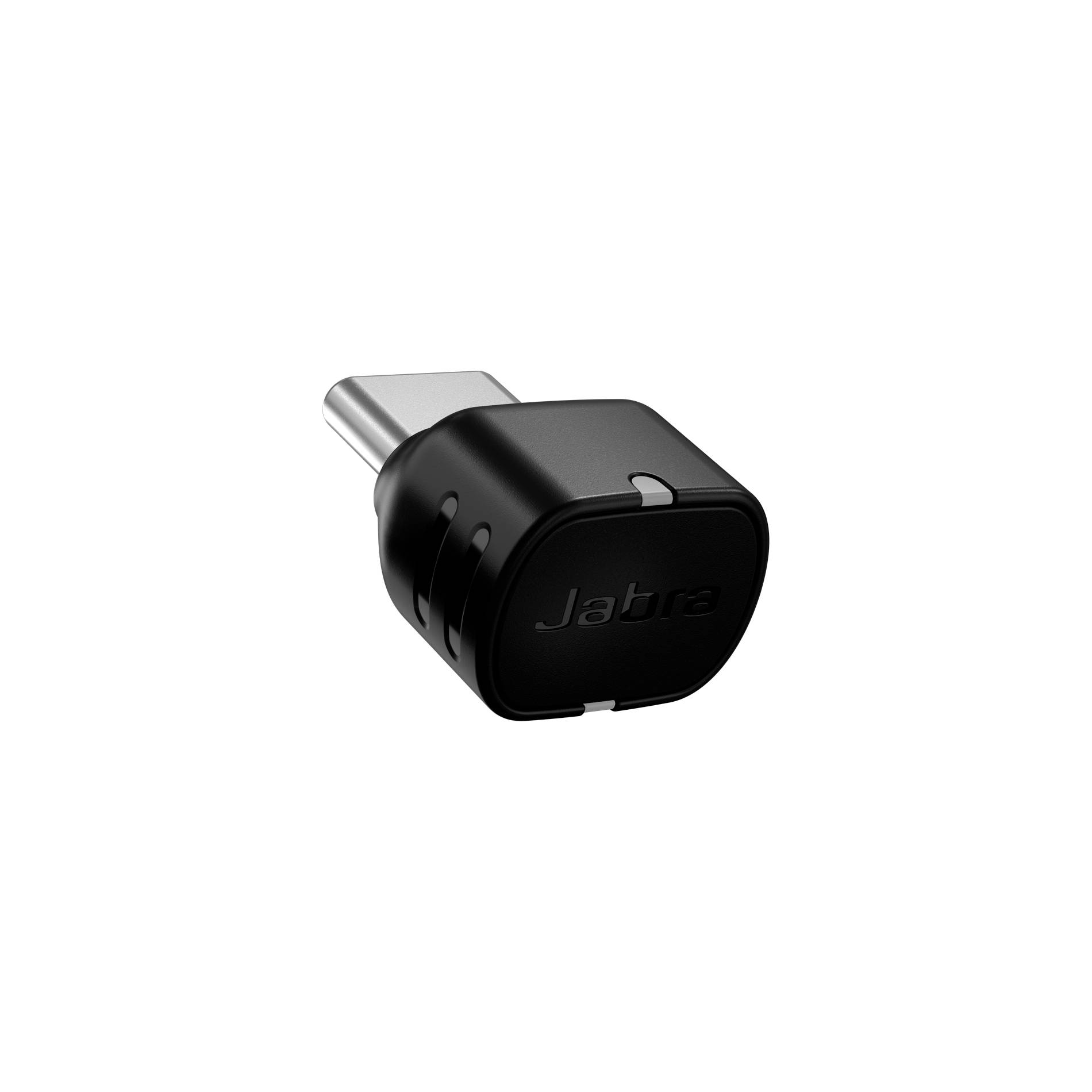 Schwarzer Jabra USB-C-Dongle-Adapter auf weißem Hintergrund.