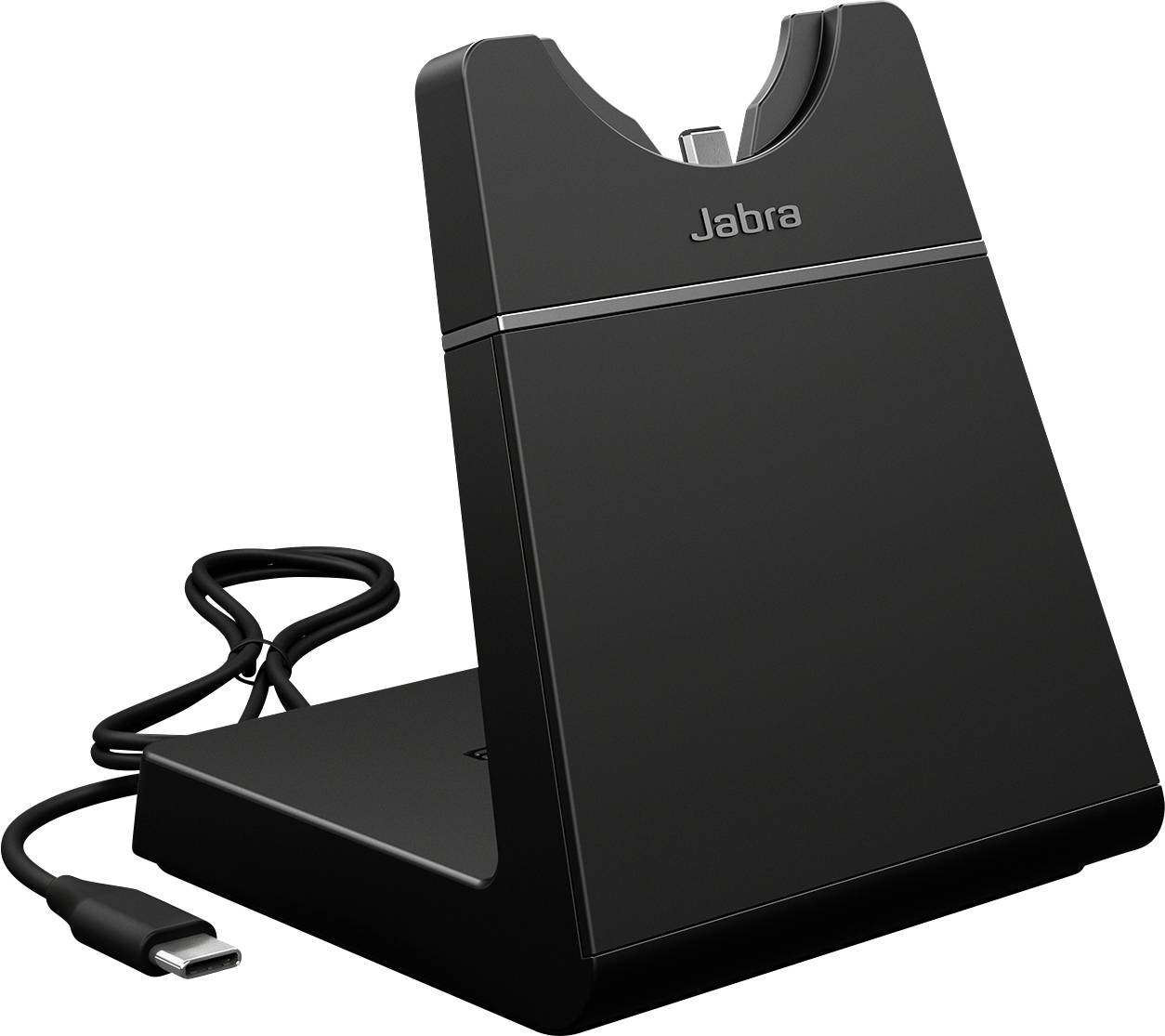 Eine schwarze Jabra-Ladestation für kabellose Kopfhörer mit einem angeschlossenen USB-Kabel, entwickelt zum Halten und Aufladen des Geräts.