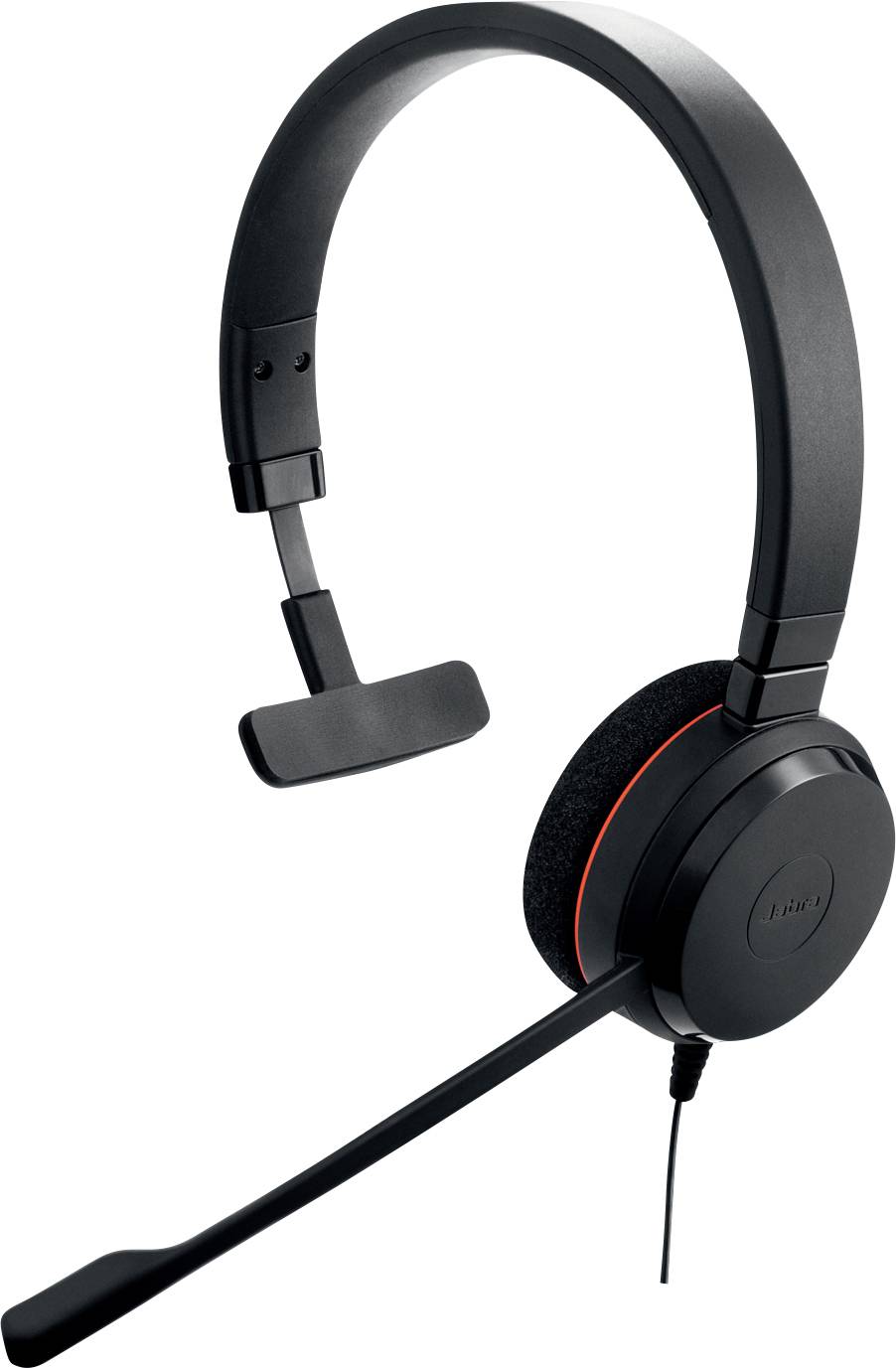 Ein schwarzes Headset mit einseitigem Over-Ear-Design, ausgestattet mit einem verstellbaren Mikrofonausleger und einem gepolsterten Ohrteil.