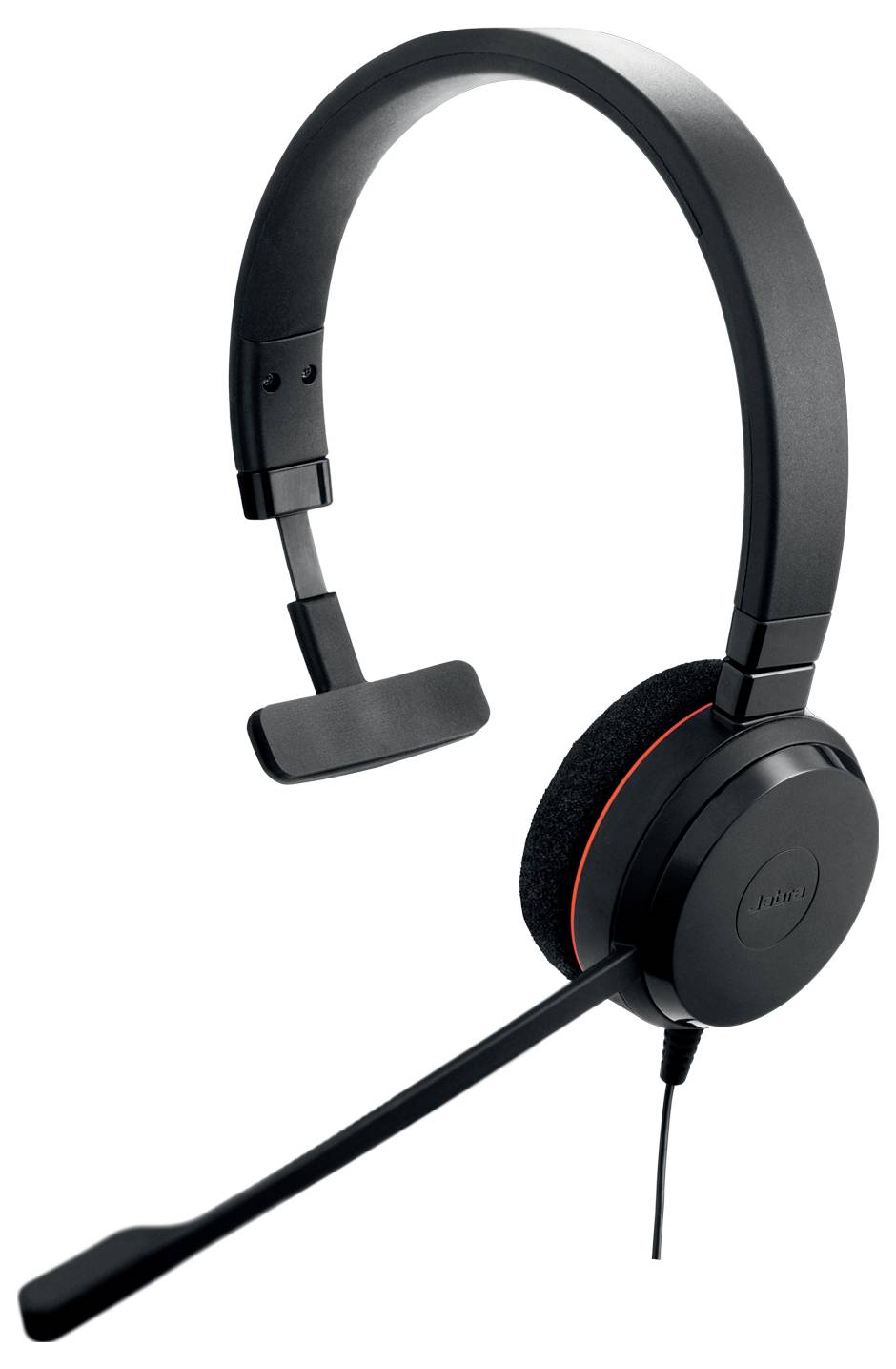 Schwarzes On-Ear-Headset mit Boom-Mikrofon und verstellbarem Kopfbügel auf weißem Hintergrund.