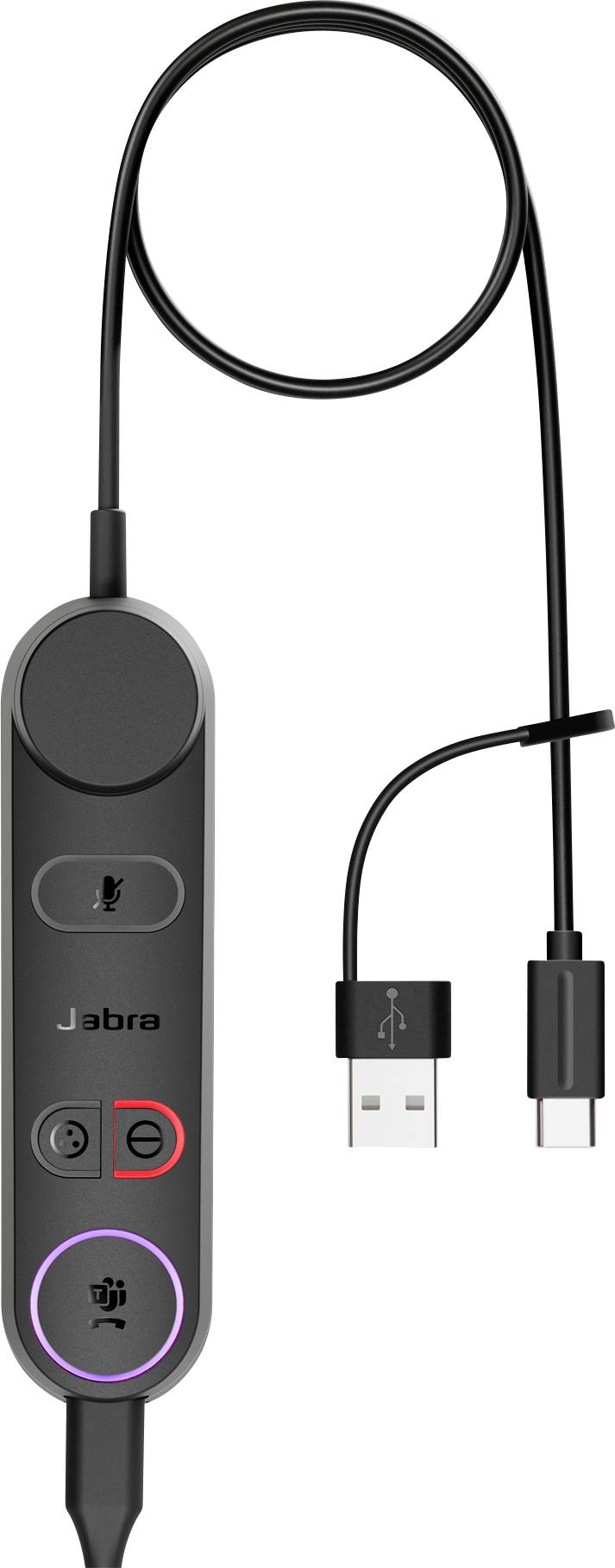 Eine schwarze, rechteckige Fernbedienung mit Mikrofon, Anruftaste und Lautstärketasten sowie einem angeschlossenen USB-Kabel.
