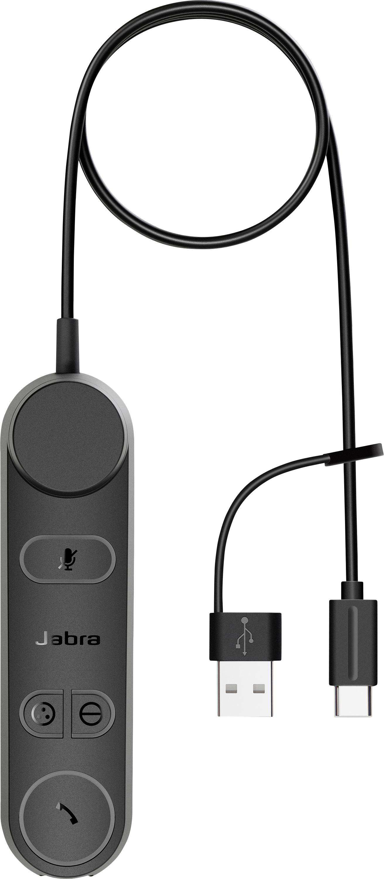 Schwarzes Jabra-Kopfhörer-Headset mit Kabelsteuerung und USB-A- und USB-C-Anschlüssen, mit Mikrofon-, Anruf-, Lautstärke- und Stummschalt-Tasten.