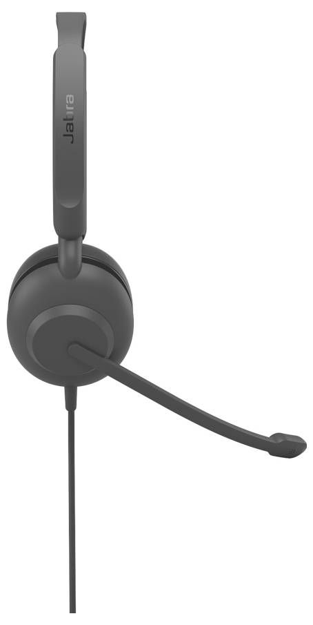 Ein schwarzes Jabra-Headset mit verstellbarem Mikrofon und Kopfbügel, das für komfortablen Audioeinsatz in professionellen Umgebungen konzipiert ist.