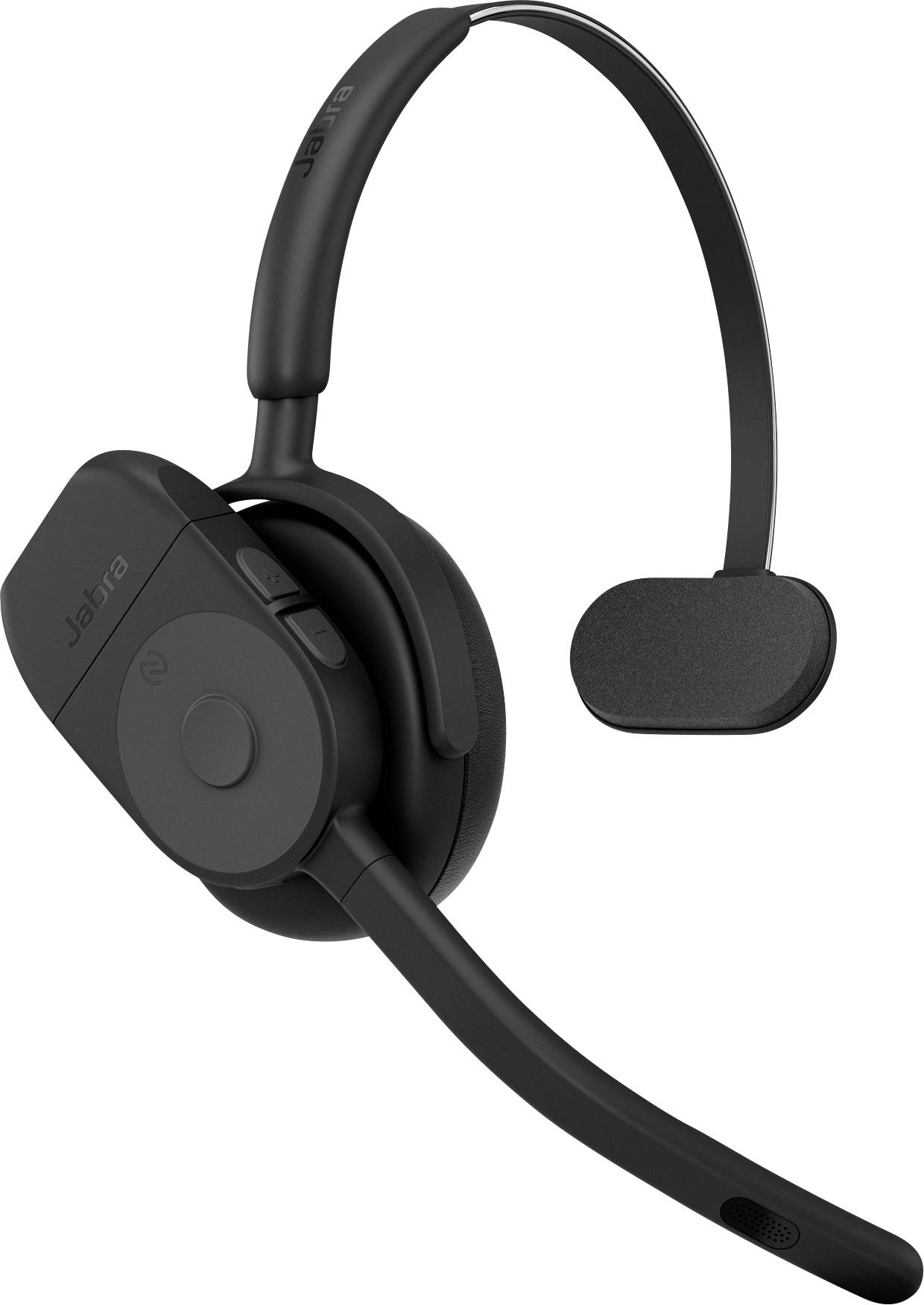 Ein schwarzes kabelloses Headset mit Mikrofon auf einem verstellbaren Kopfbügel, ausgestattet mit gepolstertem Ohrpolster und Steuertasten an der Seite.