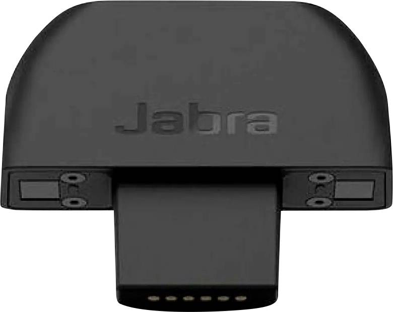 Ein schwarzes Jabra-Ladezubehör mit sichtbaren Anschlüssen, das zum Andocken von Kopfhörern entwickelt wurde und ein kompaktes und elegantes Design aufweist.