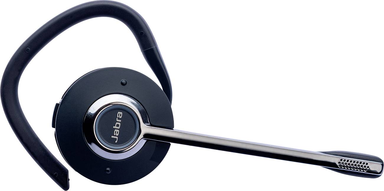 Ein schwarzes kabelloses Kopfhörerset mit Over-Ear-Design und schlankem Mikrofon-Ausleger, mit einem kreisförmigen Ohrhörer und der Marke „Jabra