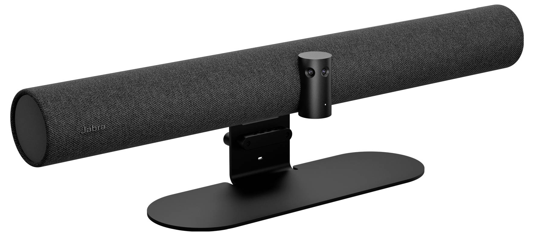 Eine schlanke schwarze Soundbar mit zylindrischem Design, montiert auf einer flachen Basis mit einer kleinen zylindrischen Kamera an der Vorderseite.