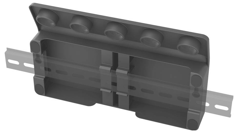 Eine graue Halterung, die auf einer Metallschiene montiert ist, mit fünf kreisförmigen Vertiefungen oben und konzipiert zum Befestigen von Objekten an Ort und Stelle.