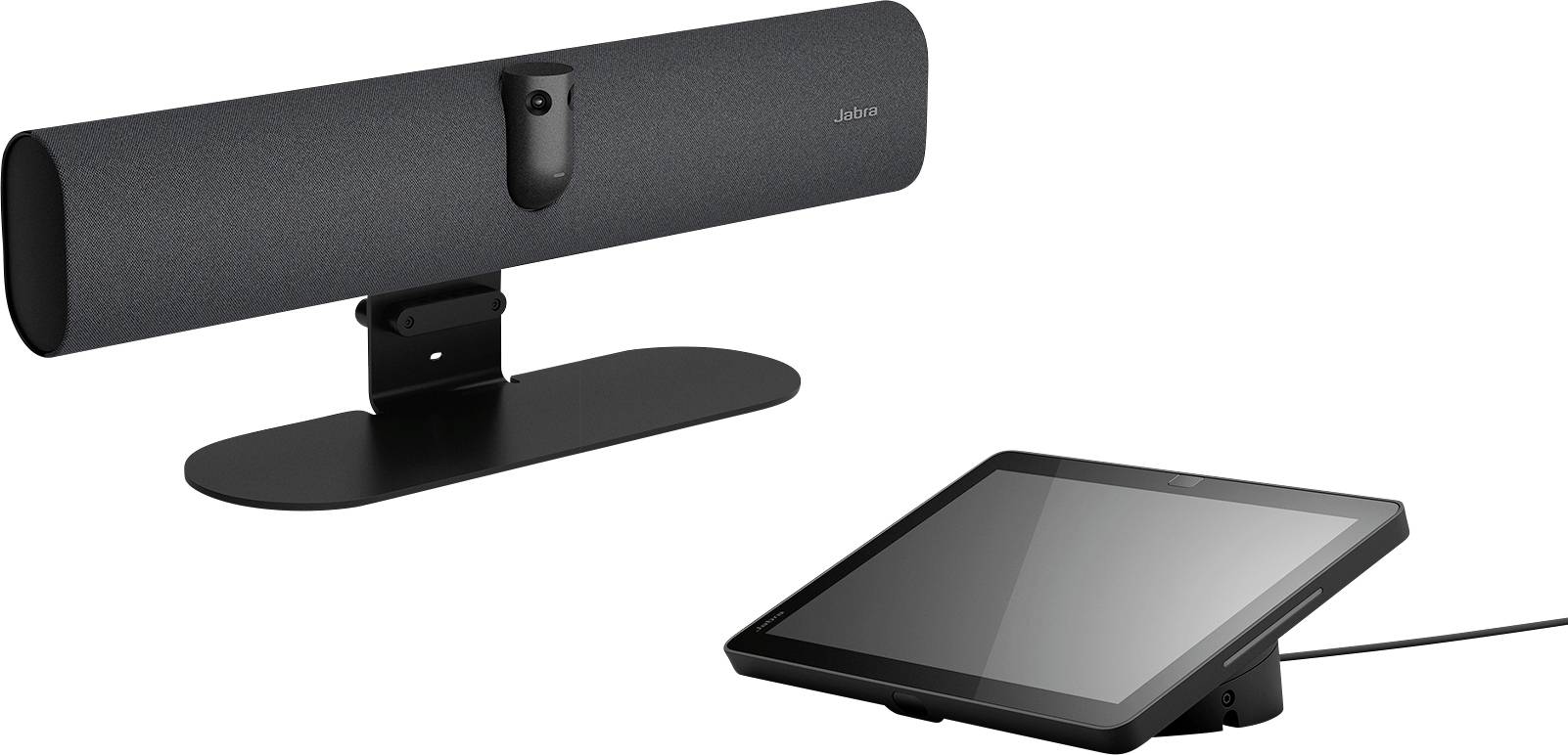 Eine elegante schwarze Soundbar mit integrierter Kamera ist über einem Touchscreen-Tablet auf einem Ständer positioniert und durch ein Kabel verbunden.