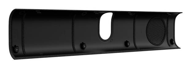 Schwarzer rechteckiger Soundbar-Lautsprecher mit einem zentralen Befestigungsschlitz und einem kreisförmigen Lautsprechergitter auf der rechten Seite, dargestellt auf weißem Hintergrund.