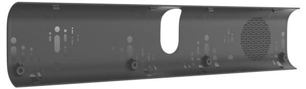 Schwarzes zylindrisches Metallblech mit Perforationen, Befestigungslöchern und einem großen zentralen Ausschnitt, dargestellt in Seitenansicht auf weißem Hintergrund.