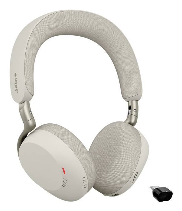 Beige Over-Ear-Kopfhörer mit gepolstertem Kopfbügel, abgebildet mit einem kleinen USB-Adapter/Dongle daneben.
