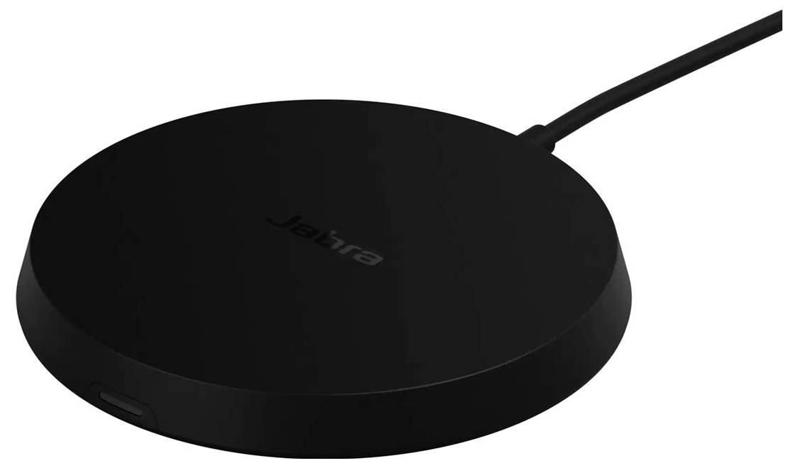 Ein schwarzes kabelloses Ladegerät mit Kabel, Marke „Jabra