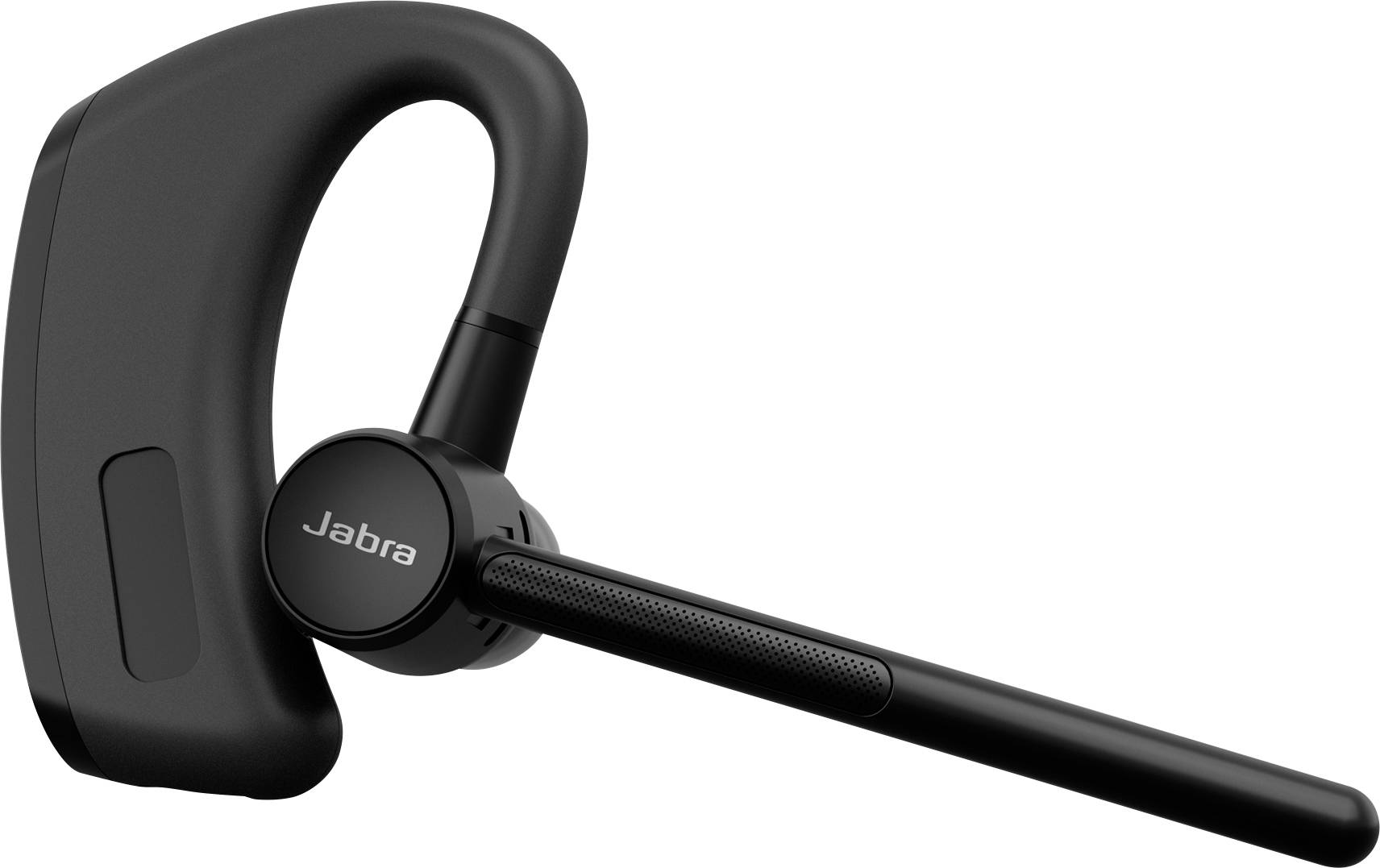 Ein schwarzes Jabra Bluetooth-Headset mit Ohrbügel-Design und langem angebrachtem Mikrofon, entworfen für kabellose Kommunikation.