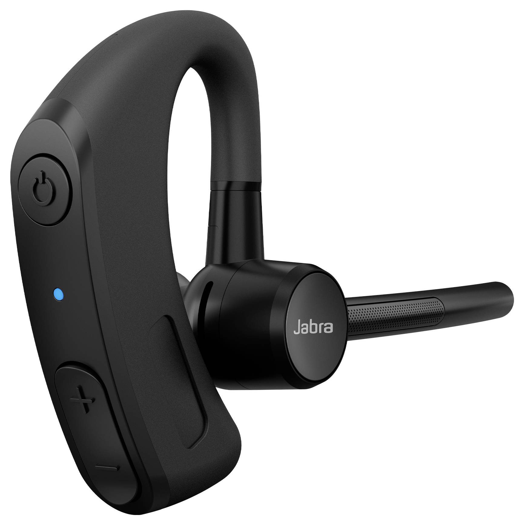 Ein einzelnes schwarzes Bluetooth-Headset mit Ohrbügel, ausgestattet mit Lautstärkeregelungstasten und einem Netzschalter an der Seite.