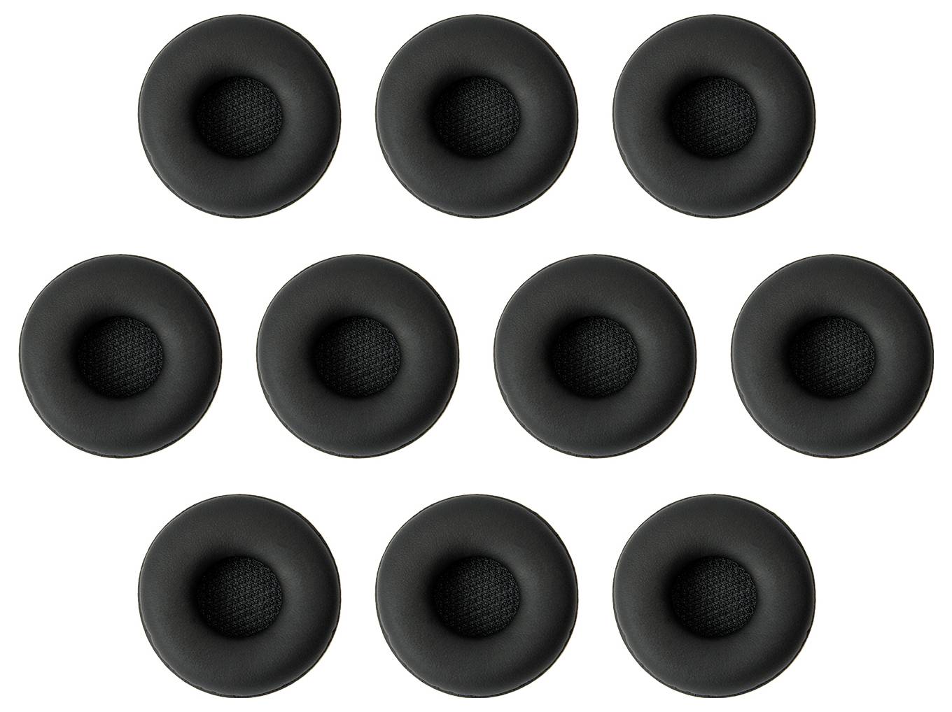 Zehn schwarze ovale Ohrpolster in drei Reihen auf weißem Hintergrund angeordnet.