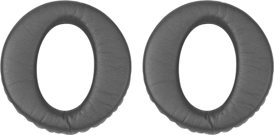 Zwei schwarze, oval geformte Ohrpolster, wahrscheinlich für Over-Ear-Kopfhörer, nebeneinander auf weißem Hintergrund gezeigt.