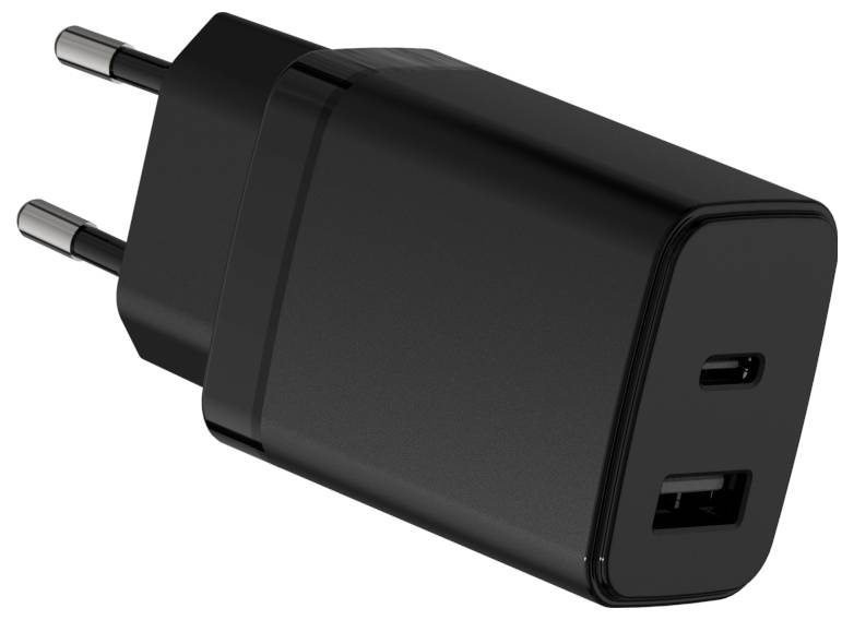 Ein schwarzes USB-Ladegerät mit zwei Stiften und zwei Anschlüssen: einen USB-C und einen USB-A, zum Aufladen elektronischer Geräte.