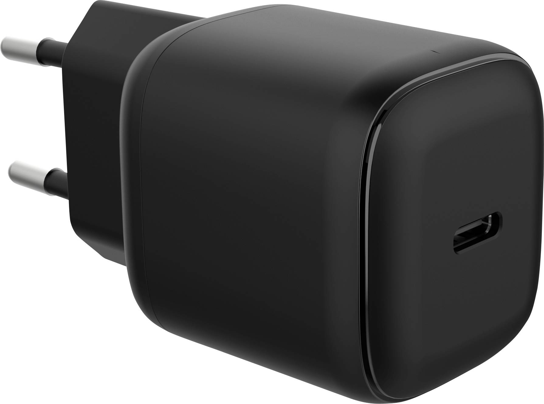 Ein schwarzes USB-C-Wandladegerät mit elegantem, kompaktem Design, ausgestattet mit zwei Stiften und einem einzelnen USB-C-Anschluss an der Vorderseite.