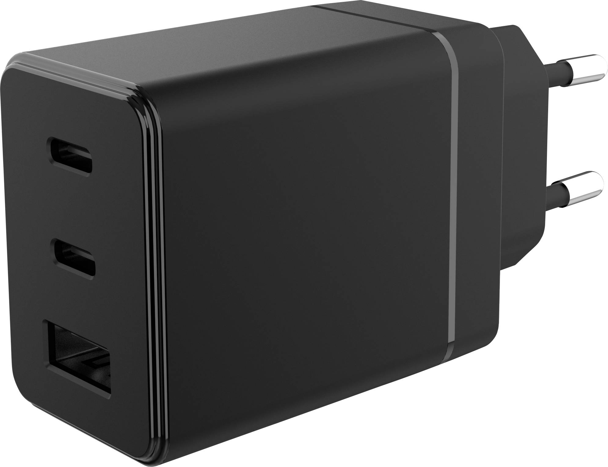 Ein schwarzes Wandladegerät mit zwei USB-C-Anschlüssen und einem USB-A-Anschluss, entwickelt für schnelles Laden mit zwei Stiften zur Verbindung mit der Steckdose.