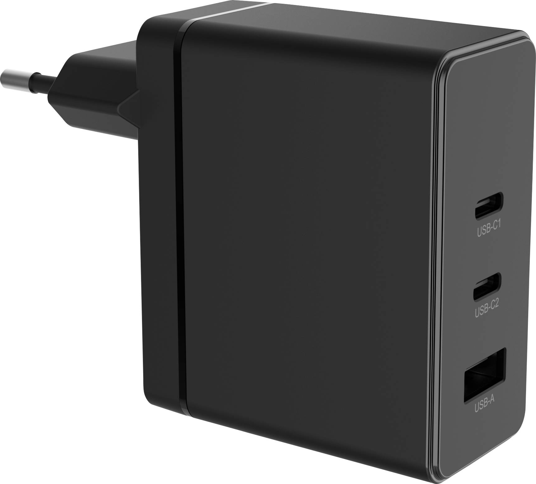 Ein schwarzes Wandladegerät mit zwei USB-C-Anschlüssen mit den Bezeichnungen „USB-C1